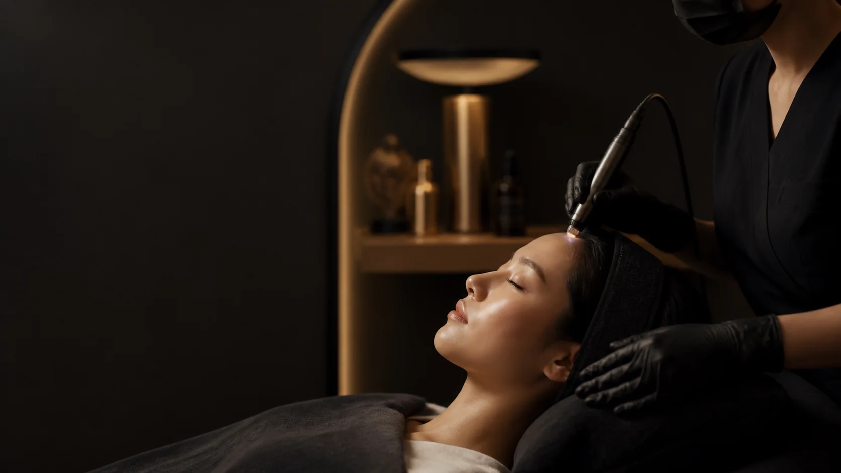 A calm aesthetic facial treatment in warm, low lighting